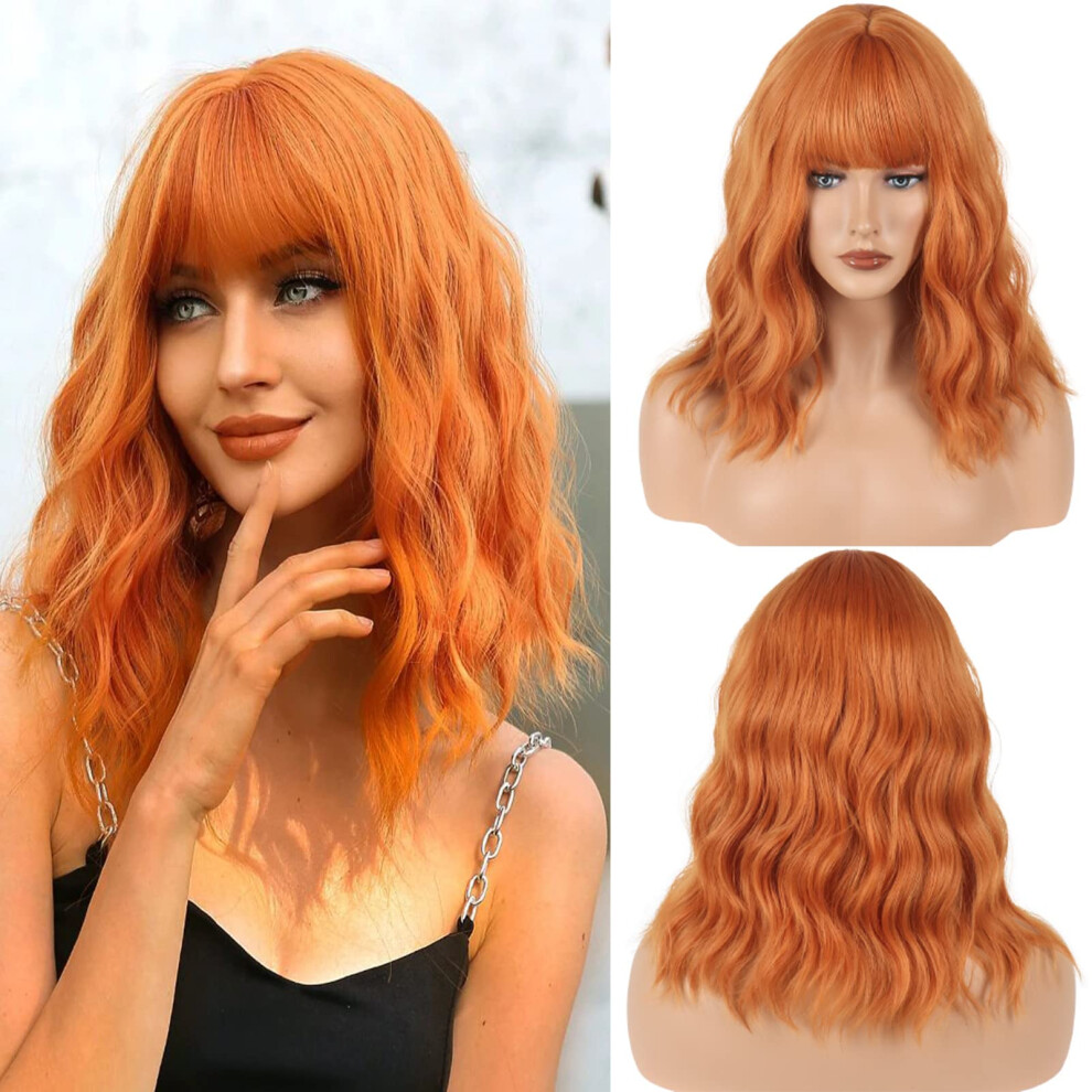 Unisex Short Ginger Wig For Women Bob With Fringe Curly Wave 14-Inch Natural Wavy Synthetic Heat-Resistant Cosplay Wig