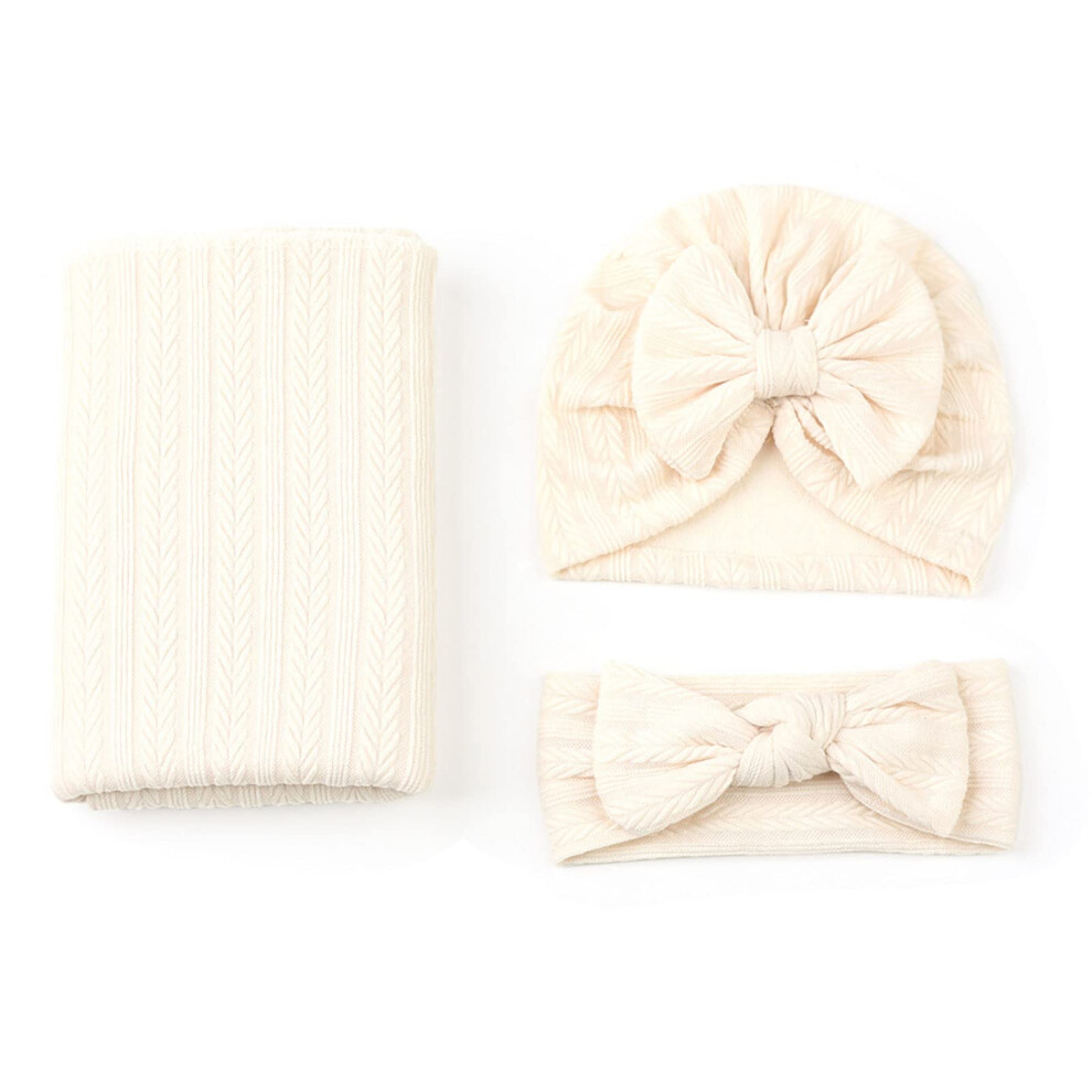 Newborn Baby Wrap Blanket 3-Piece Set With Headband And Bowknot Hat, Soft Receiving Blankets For Shower Photography Prop