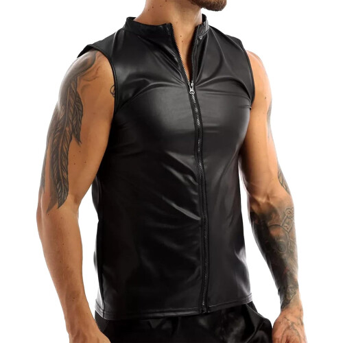 Leather Coat Men's Casual Solid Colour Mesh Vest String Design Black Size S 1