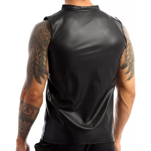 Leather Coat Men's Casual Solid Colour Mesh Vest String Design Black Size S 2