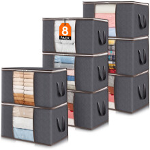 Lifewit Confezione da 8 contenitori pieghevoli per vestiti con coperchio, in tessuto non tessuto grigio, rettangolari, con cerniera robusta, mani