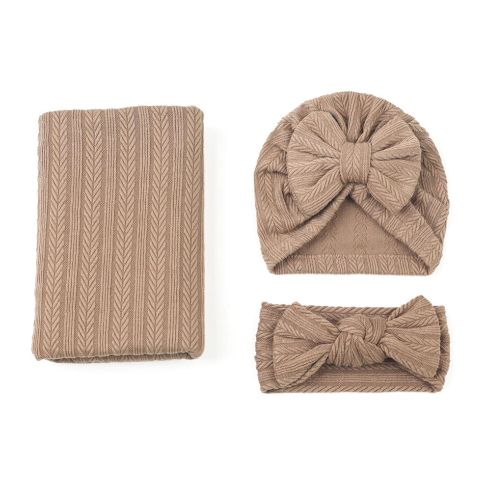 Baby Blanket 3-Piece Set With Newborn Hat Bowknot Headbands And Receiving Blanket