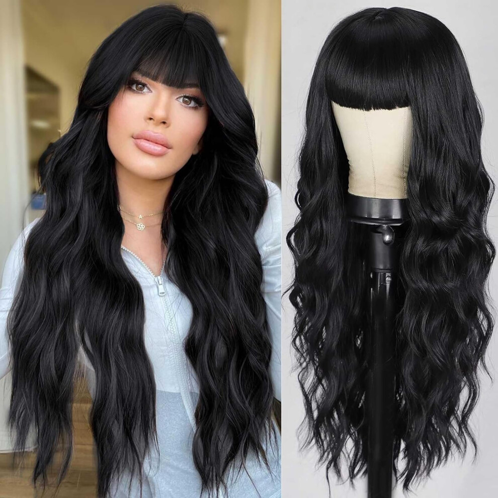 Unisex Black Long Wig With Bangs For Women, Curly Wavy Hair, 26 Inch, Heat-Resistant Synthetic Fiber Wig
