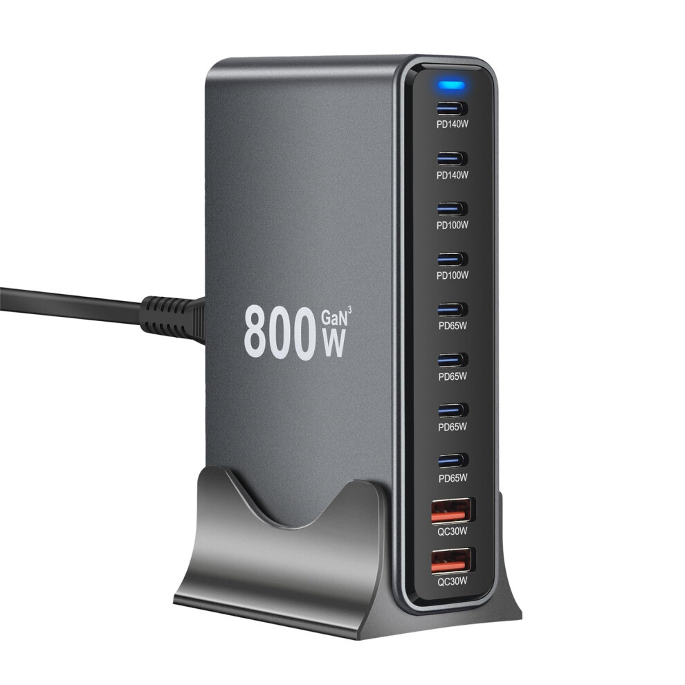 800W USB-C GaN Charger 10-In-1 Desktop Station: Dual 140W PD USB-C Ports, Dual 100W PD PPS, 4 USB-A Fast Ports