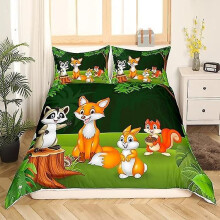 (180 x 210 cm) Bettbezug mit Fuchs, Faultier, Eichhörnchen, 3D-Druck, Cartoon, Wildtier, Paradies, Palmenblätter,