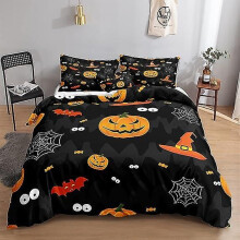 (160 x 220 cm - M) Halloween-Bettwäsche-Set, Kürbis-Bettbezug-Set, Halloween-Thema, Musterdesign, Trick