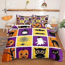 (225x225cm-Z)Halloween Bettwäsche Set Kürbis Bettbezug Set Halloween Thema Muster Design Trick Or Treat