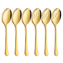 Serving Spoons Set 6 Pack, 3 Large and 3 Slotted, Stainless Steel Buffet Spoons, 9.8-Inch, Gold