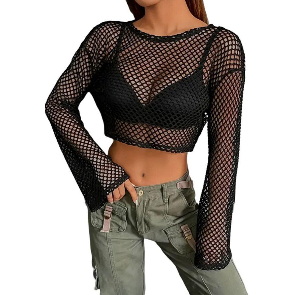Crochet Crop Top Women's Long Sleeve Hollow Out Knitted Jumper See Through Neon Mesh Black M Pullover Streetwear