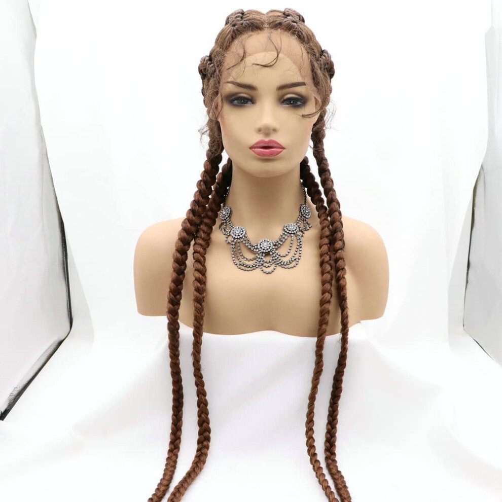 4xTwist Braids Wigs 1B/30 Brown Blonde Ombre Long Synthetic Lace Front Wig For Women Dutch Cornrow Braids Baby Hair