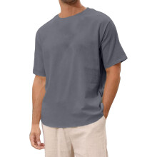 Plain Linen Shirt for Men - Short Sleeve, Crew Neck, Vintage Beach Top, Gray, Size L