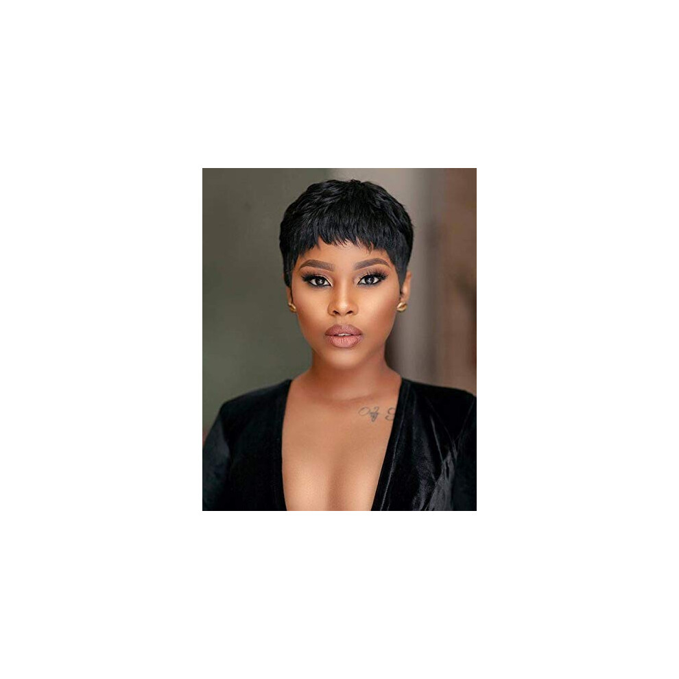 Unisex Black Human Hair Short Wigs Brazilian Hair Pixie Cut Bob Cut Wigs For Women 1B# Color