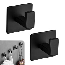 Self Adhesive Hooks 2 Pack, Black, 304 Stainless Steel Coat Hooks, Wall Mounted Heavy Duty Door Hanger Hook
