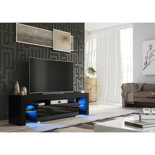 TV Unit 160cm Black & High Gloss Doors LED 1