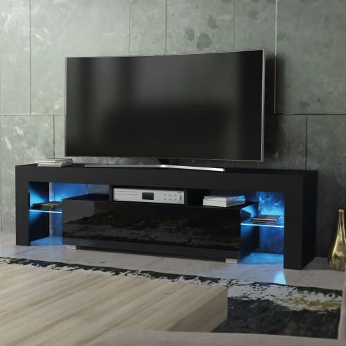 TV Unit 160cm Black & High Gloss Doors LED 2