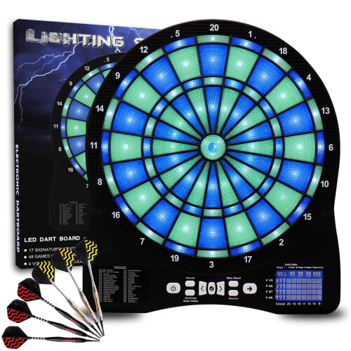 Electronic Dartboard LED Light Automatic Scoring LCD Score Display 48 Games 6 Soft Tip Darts 50 Replacement Tips Blue