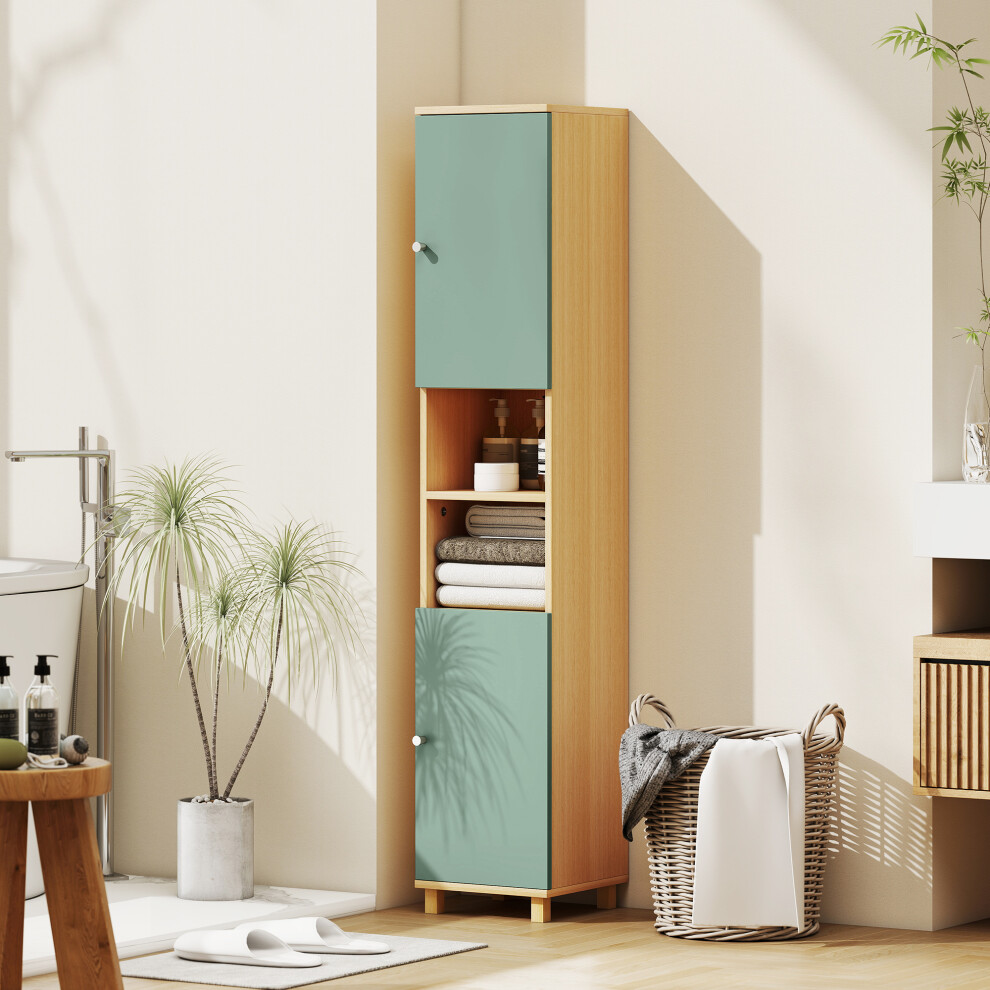 Homcom Tall Bathroom Cabinet With Adjustable Shelves And Open Shelves, Green