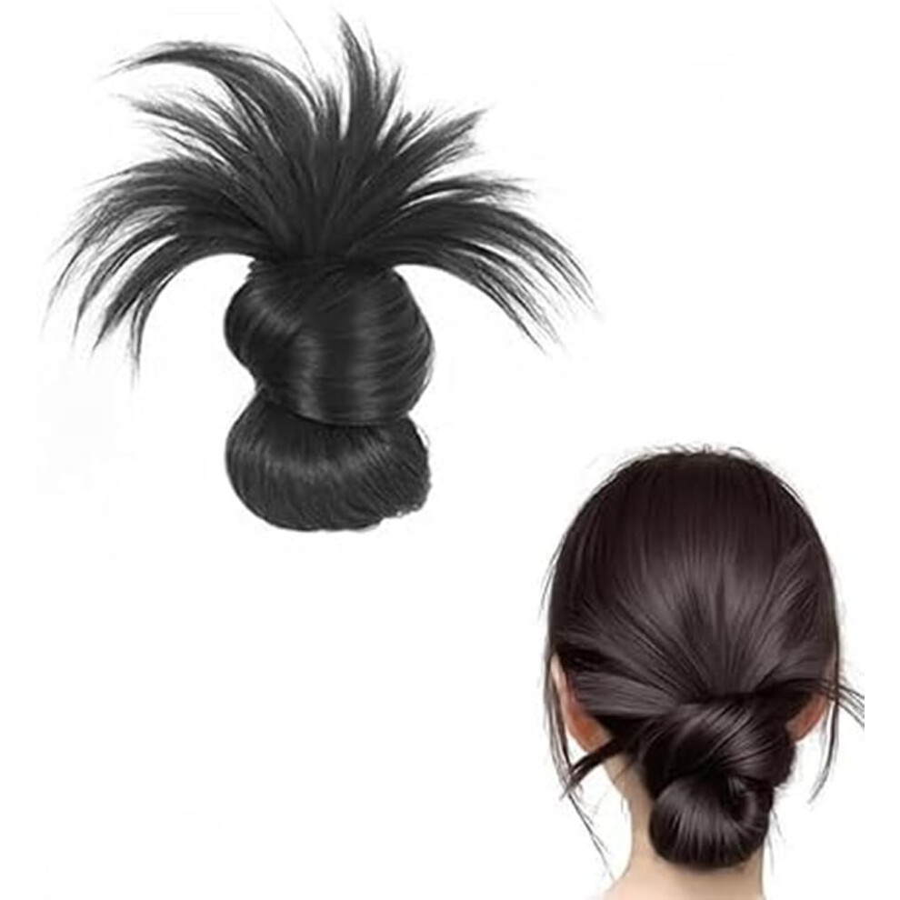 Clip-On Feathered Bun Wig Messy Bun Hair Piece Black For Women Daily Wear