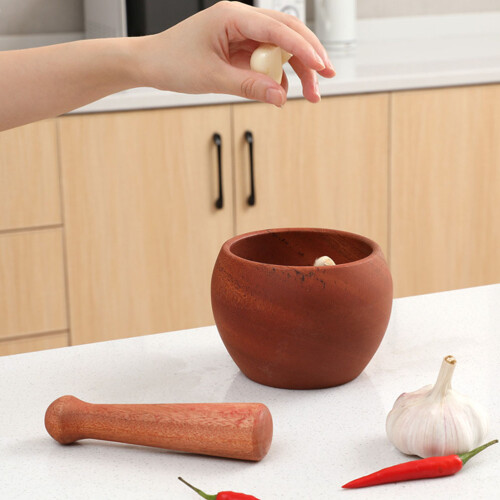 One Set Wooden Manual Garlic Press And Mortar Kitchen Tool 2