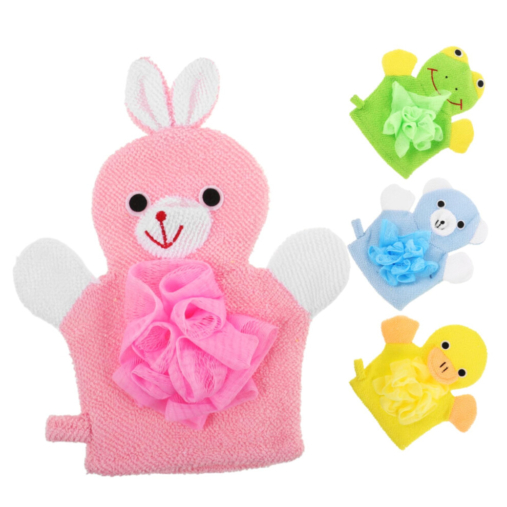 Bath Mitts 4-Piece Set Unisex Green Frog Cartoon Characters Soft Bathing Gloves For Babies And Toddlers