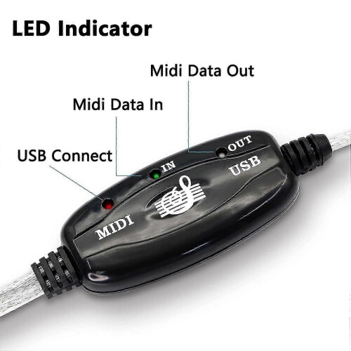 USB MIDI cable adapter, USB type A male to 5-pin DIN MIDI input/output with LED indicator 2