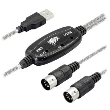 USB MIDI cable adapter, USB type A male to 5-pin DIN MIDI input/output with LED indicator