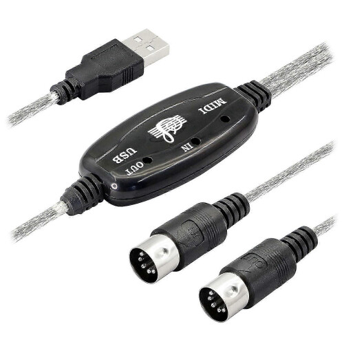USB MIDI cable adapter, USB type A male to 5-pin DIN MIDI input/output with LED indicator