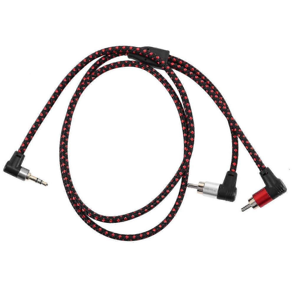 Right-angle 3.5mm male to 2 RCA male stereo Y-splitter cable with microphone jack, 90 degrees