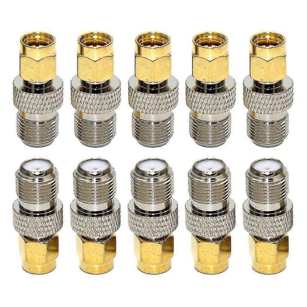 Enhanced RF coaxial adapter: SMA male to F female.