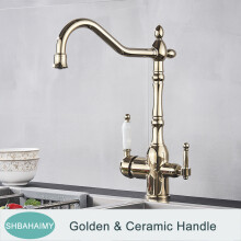 (Golden)Antique Brass Filter Kitchen Faucet Drinking Pure Water Kitchen Tap Deck Mounted Dual Handle