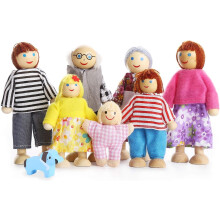 (Dolls Family with a Pet) Lovely Happy Family Dolls Playset Wooden Figures Set of 7 People with Dog for Kids Children Toddlers Dollhouse Pretend Gift