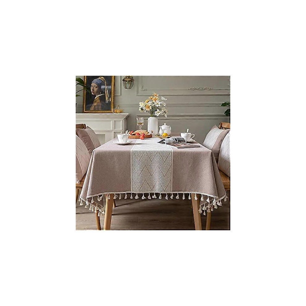 Kikidex (As Show, One Size) Rectangle Square Tablecloths Knitted Embroidery Textured Tassel Cotton Linen Decorative Oblong Table Cover For Kitchen Dining Room