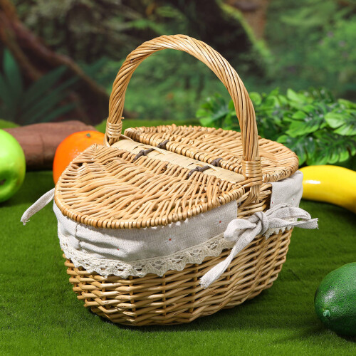 1Stk Natürlicher Picknickkorb Weide Mit Robustem Leinenbezug 2