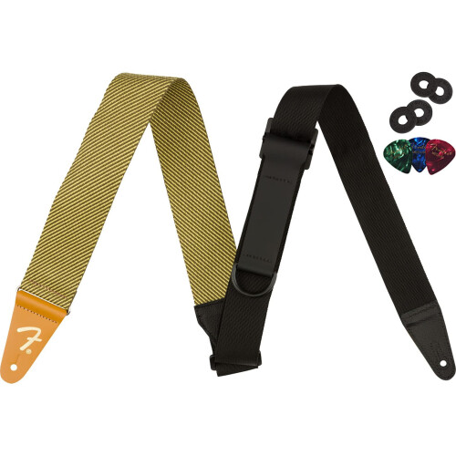 Fender Fender 2 polegadas de altura direita Guitarra - pacote de tweed com blocos de correia vermelha e escolhas