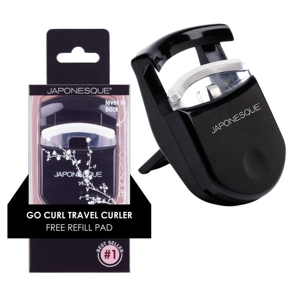 Japonesque Travel Eyelash Curler Black - Plastic Eyelash Curlers For Travel Makeup - Comes With Bonus Replacement Lash Pad - 1 Pack