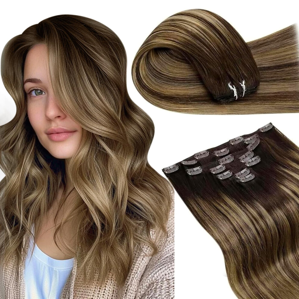 Laavoo Unisex Brown Clip In Human Hair Extensions Ombre Hair Extensions Clip Ins Balayage Fading To Caramel Mix 7Pcs/120G 14Inch Remy Clip In Ext