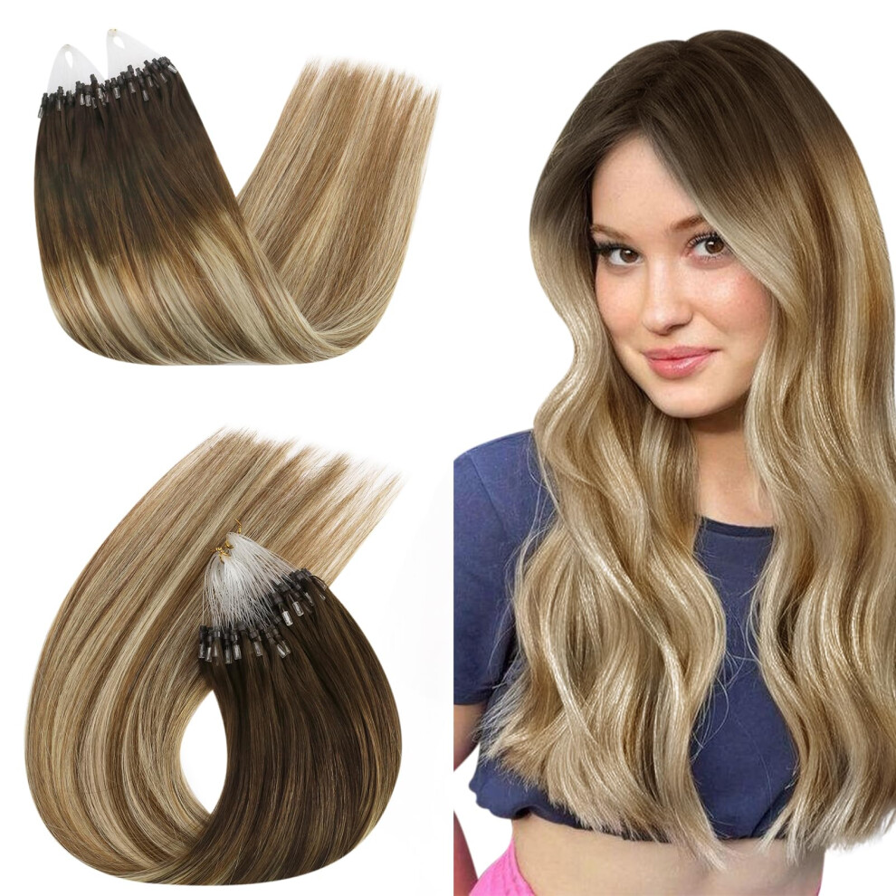 Ugeat Unisex Brown 16Inch Microlink Hair Extensions Human Hair #4/6/613 Balayage With Blonde Micro Loop Ring Hair Extensions 50Gram 1G/1S Cold Fusion Silicon