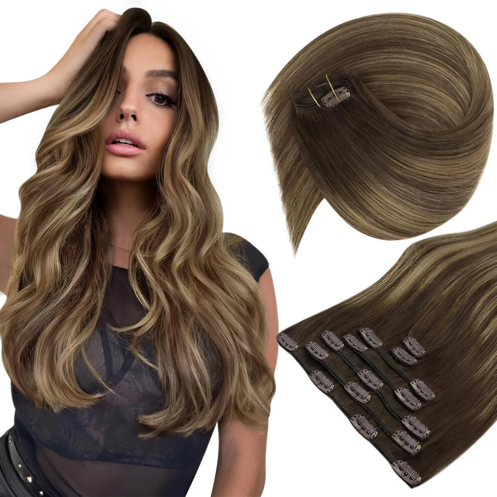 Sunny Hair Unisex Brown Sunny Clip In Human Hair Extensions Balayage Clip In Hair Extensions Dark Ombre Caramel Blonde Highlights Balayage Hair Clip In Exte