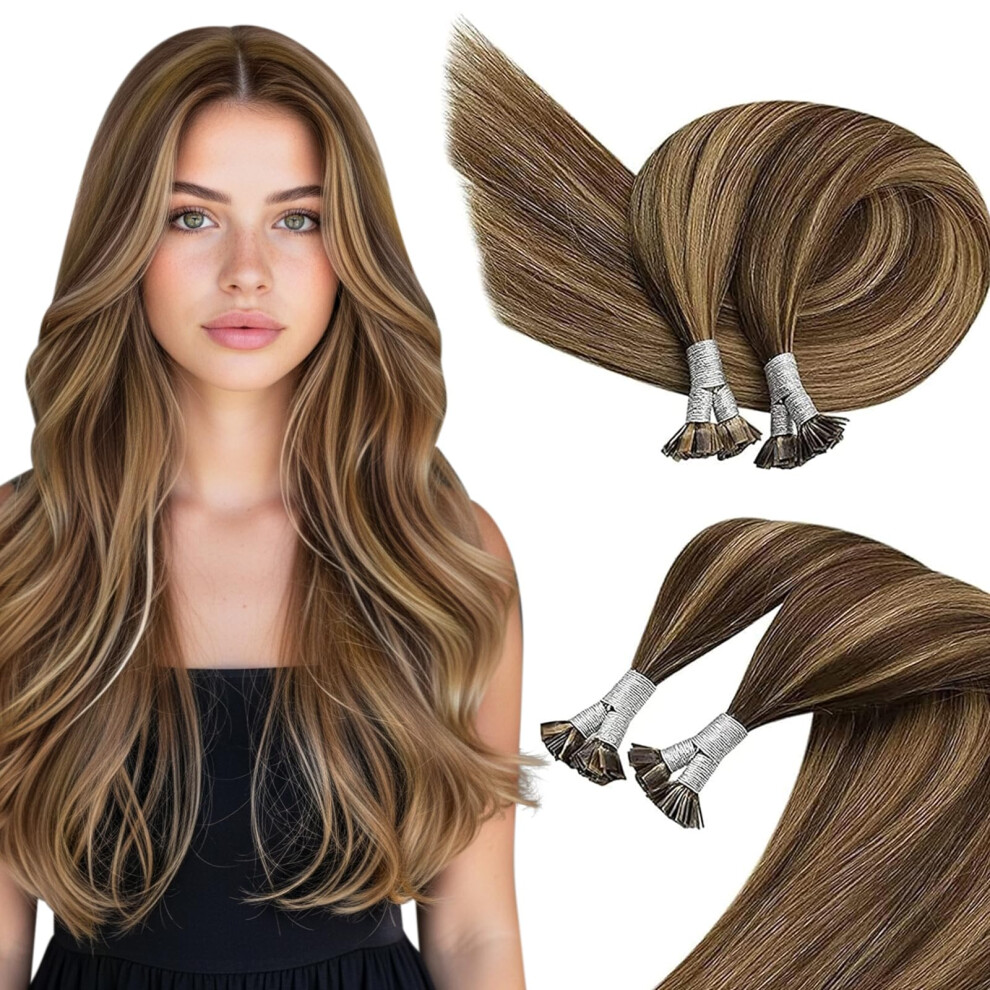 Sunny Hair Unisex Brown [Natural Looking] Sunny Flat Tip Hair Extensions Hot Fusion Flat Tip Extensions Human Hair Highlight Dark And Caramel Blonde Flat Tips Rea