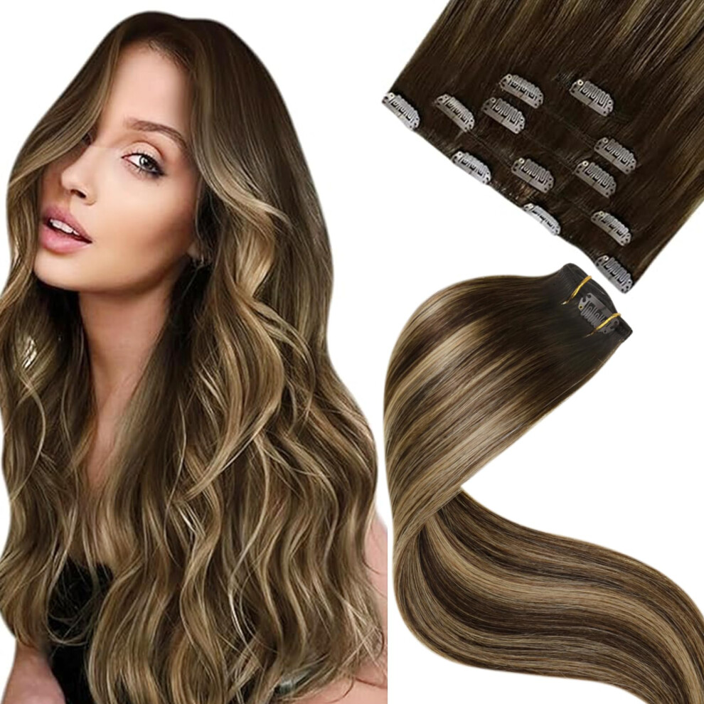 Laavoo Brown Clip In Hair Extensions Real Human Hair Balayage Brown To Caramel Brown Remy Human Hair Extensions Clip Ins Double Weft Natural Hair Exte