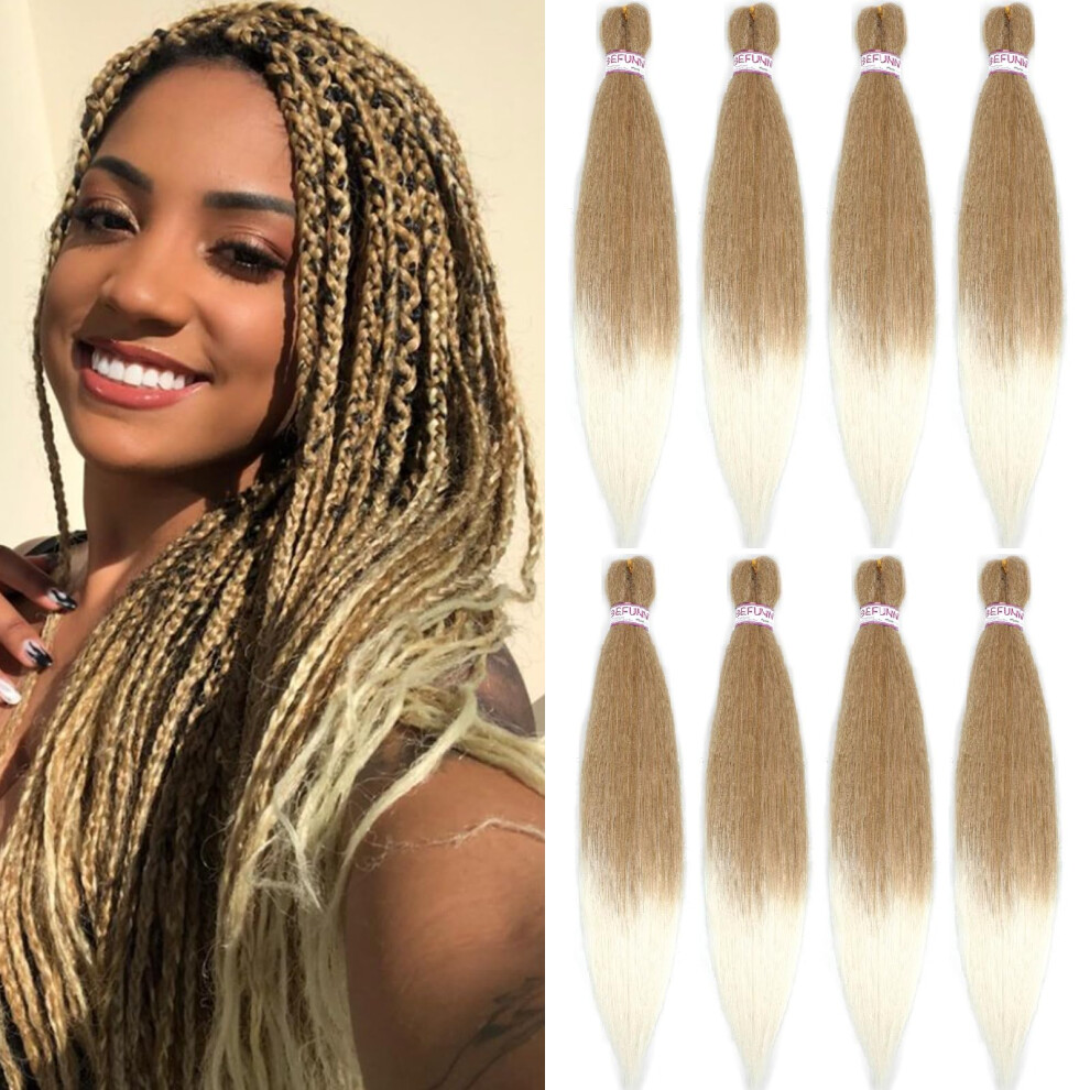 Befunny Unisex White Pre Stretched Braiding Hair Ombre Prestretched Braiding Hair Two Tone Honey Blonde To 8 Packs 24 Inch Synthetic Crochet Hair For Human B