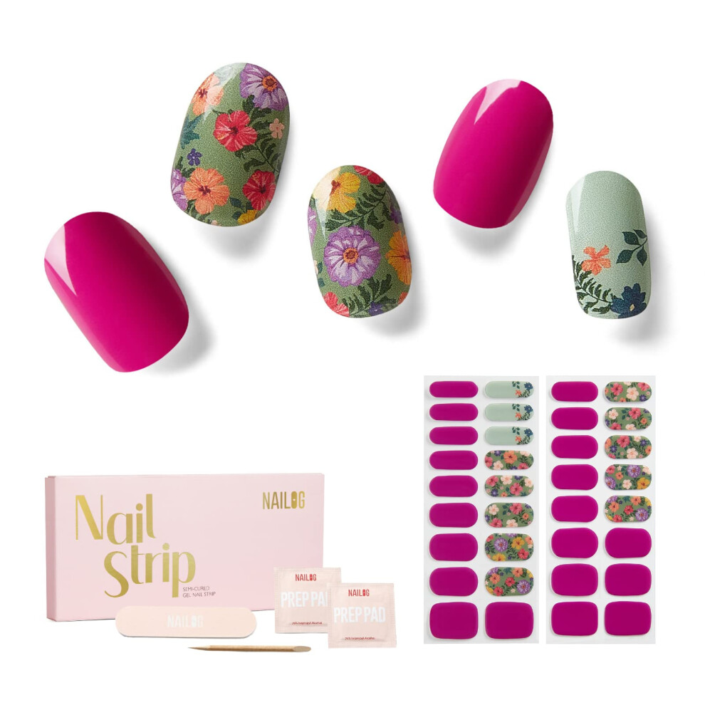 Nailog Semi Cured Gel Nail Strips 34 Pcs| Long Lasting Nail Polish Sticker Wraps With Glossy Gel Finish Retro Jungle