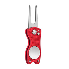 Mile High Life volledig metalen opvouwbare golf divot tool met pop-up knop en magnetische balmarker (rode vis)