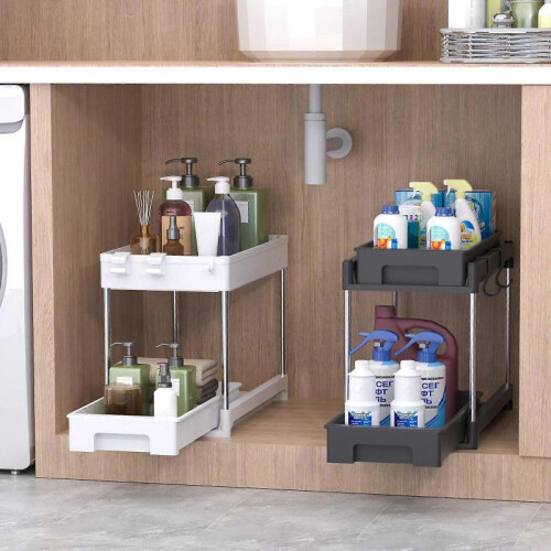 (3) Under Sink Storage Rack- Multi-use Kitchen Organizer with Sliding Drawer, Durable Stainless Steel, Bathroom Vanity Organizer 1