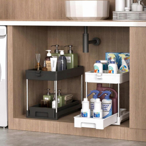 (2) Under Sink Storage Rack- Multi-use Kitchen Organizer with Sliding Drawer, Durable Stainless Steel, Bathroom Vanity Organizer 2