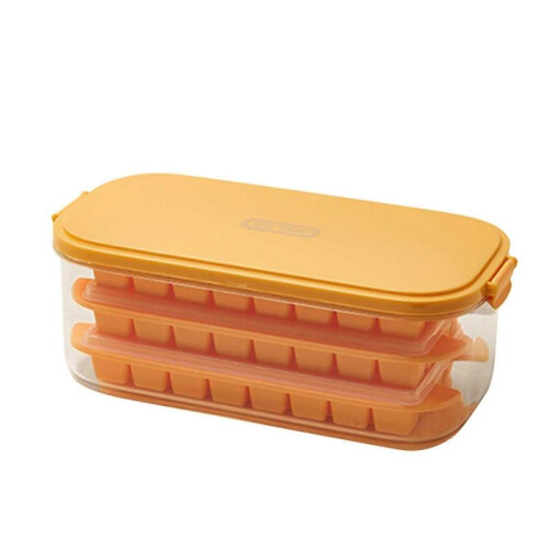 (orange) Ice Tray Mold Freezer Silicone Plastic Lid 32 Grids Creative Storage Box Refrigerator