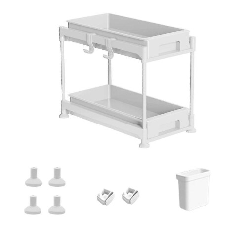 (4) Under Sink Storage Rack- Multi-use Kitchen Organizer with Sliding Drawer, Durable Stainless Steel, Bathroom Vanity Organizer