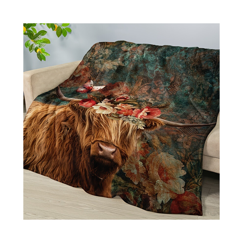 (2, 130x150cm) Highland cow print flannel blanket, pastoral style blanket-image-OPC-PKWBXG6-NEW
