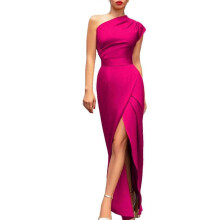 (XL, rose Red) Elegant One Shoulder Ruched Bodycon Dress with Thigh Split - Rose Red XXXL