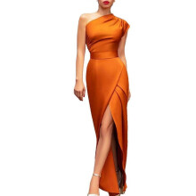 (L, orange) Elegant One Shoulder Ruched Bodycon Dress with Thigh Split - Rose Red XXXL